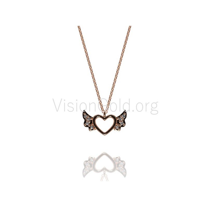 Angel Wings Necklace, Heart Gold Necklace, Christmas Gift, Valentines Day Gift, Girlfriend Gift