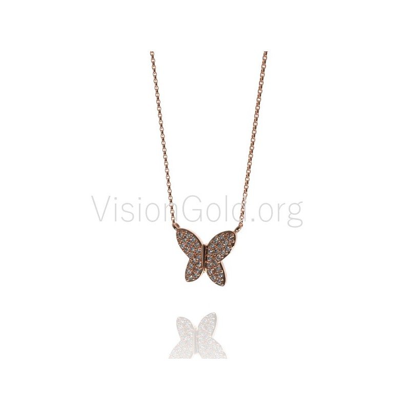 Dainty Butterfly Necklace, Enamel Pendant,Solid Gold, Gift for Her, Valentine's Day