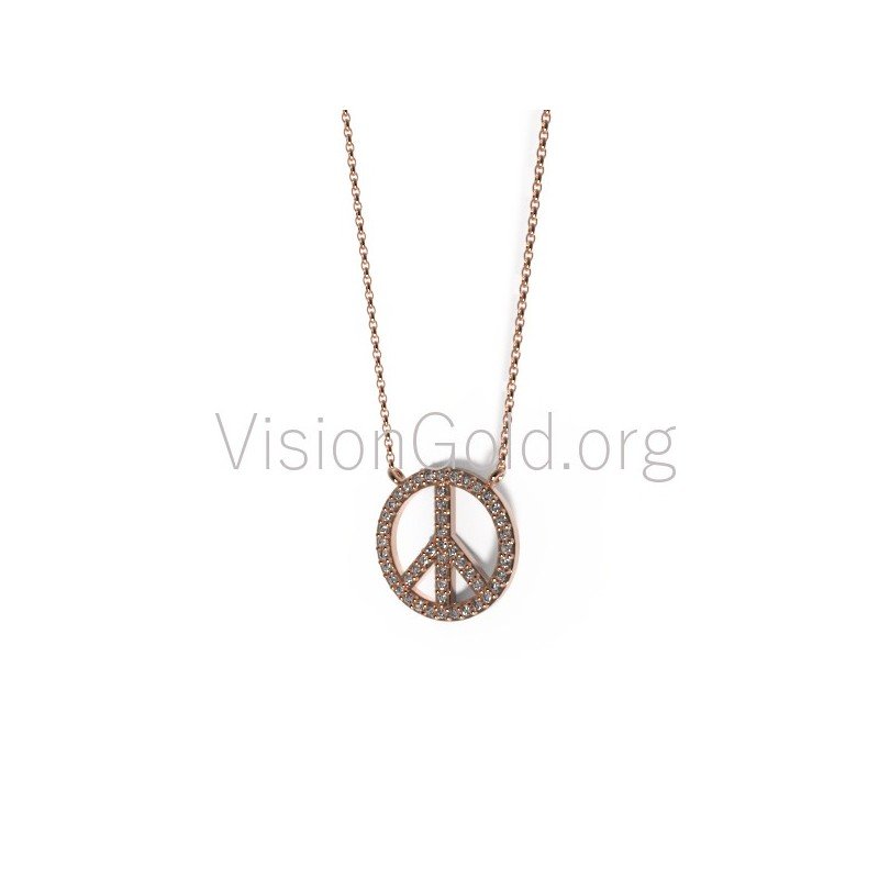Peace Necklace, Peace Symbol Gold Necklace, Zircon Peace Necklace, Peace Sign