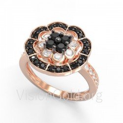 Rosette Ring in Rose Gold, Sterling Silver, Simulated Diamonds, Statement, Promise Ring, Stacking, Minimal, Flower Ring 925 0495