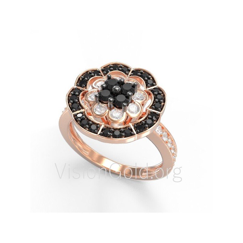 Rosette Ring in Rose Gold, Sterling Silver, Simulated Diamonds