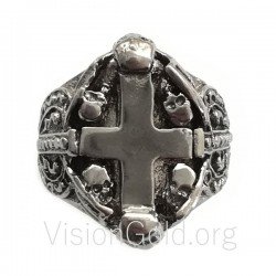 Gothic Ασημένιο Ανδρικό Δαχτυλίδι Σταυρός Με Νεκροκεφαλές  0043