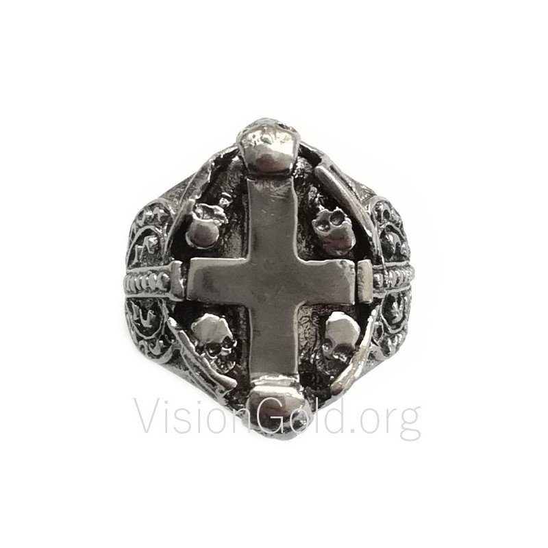 Gothic Sterling Silber Kreuz Totenkopf Ring 0043