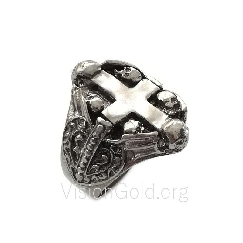 Gothic Sterling Silver Cross Skull Ring 0043