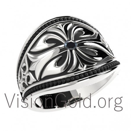 Специальное мужское кольцо с черным камнем из серебра 925 пробы в этническом стиле 0001