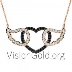 Collier coeur avec plumes d'or et zircon cubique | Bijoux Heart in Love 0099