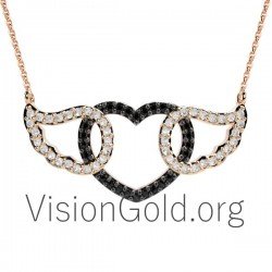 Ожерелье-сердце с крыльями из золота с цирконием|Ювелирные изделия Love Heart|Ожерелье-сердечко из розового золота 0099