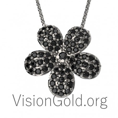 VisionGold.org® Φθηνό κολιέ|Χρυσό κολιέ λουλούδι με λευκές και μαύρες πέτρες 0098