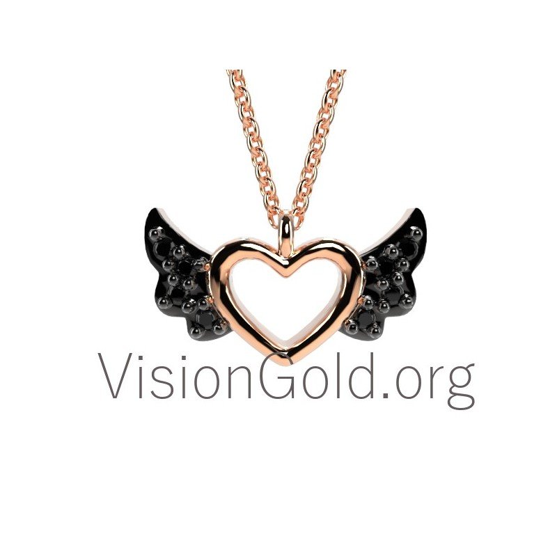 Ασημένιο Κολιέ Καρδιά,Κολιέ Καρδιά Με Φτερά,Κολιε Καρδια Ασημι,Γυναικείο Κολιέ Καρδιά Με Ζιργκόν