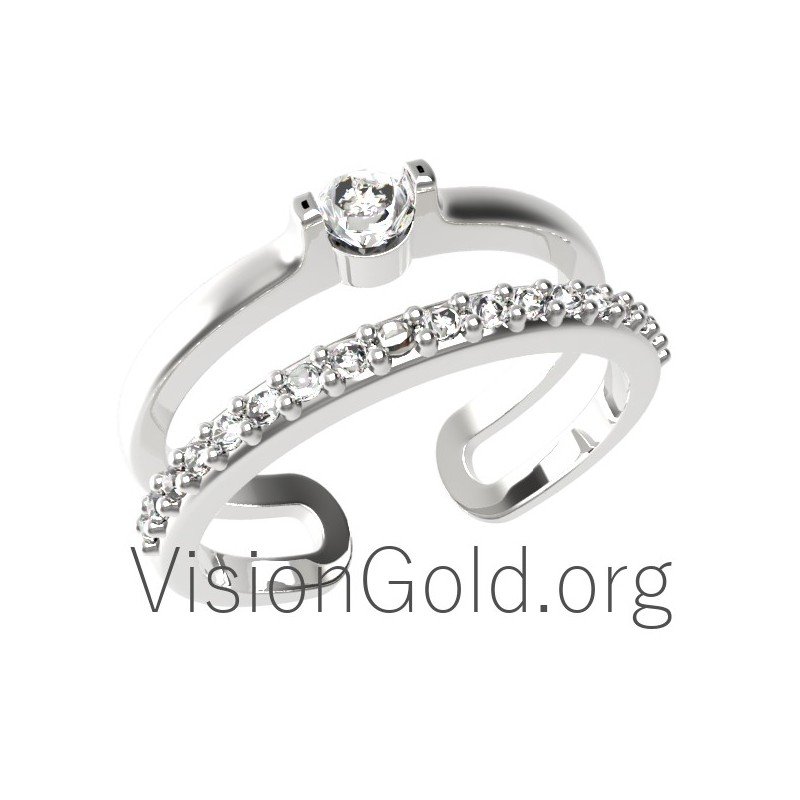 925 Sterling Silver Zircon Dual Double Band Wedding Statement