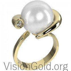 Women's Ring K18 With Pearl And Diamond 0596