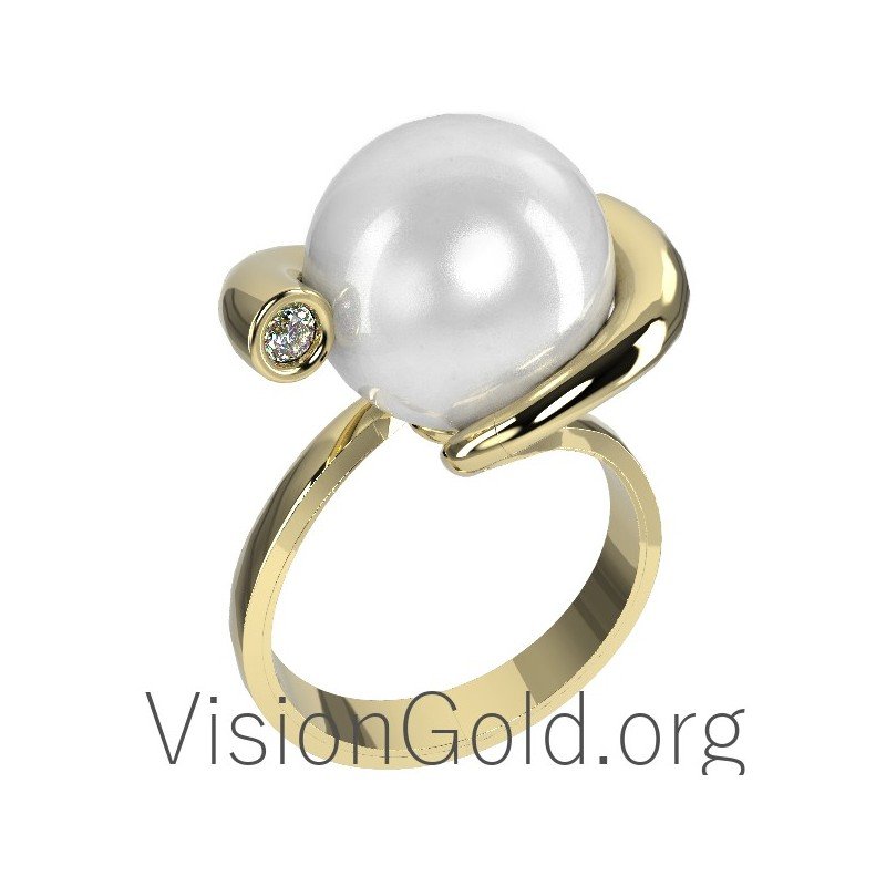 Women's Ring K18 With Pearl And Diamond 0596