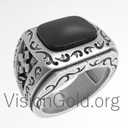 Племенное мужское кольцо ручной работы из серебра 925 пробы с черным камнем  0009