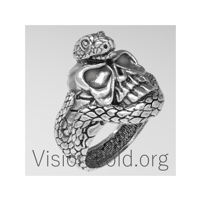 Художественный Серебряное мужское кольцо с черепом и змеей 0022
