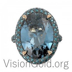 Oval Aquamarine Ring With Blue Diamonds 0645
