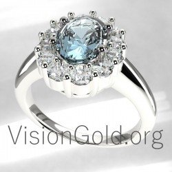 Classic Rosette Ring With Aquamarine and Diamonds 0658