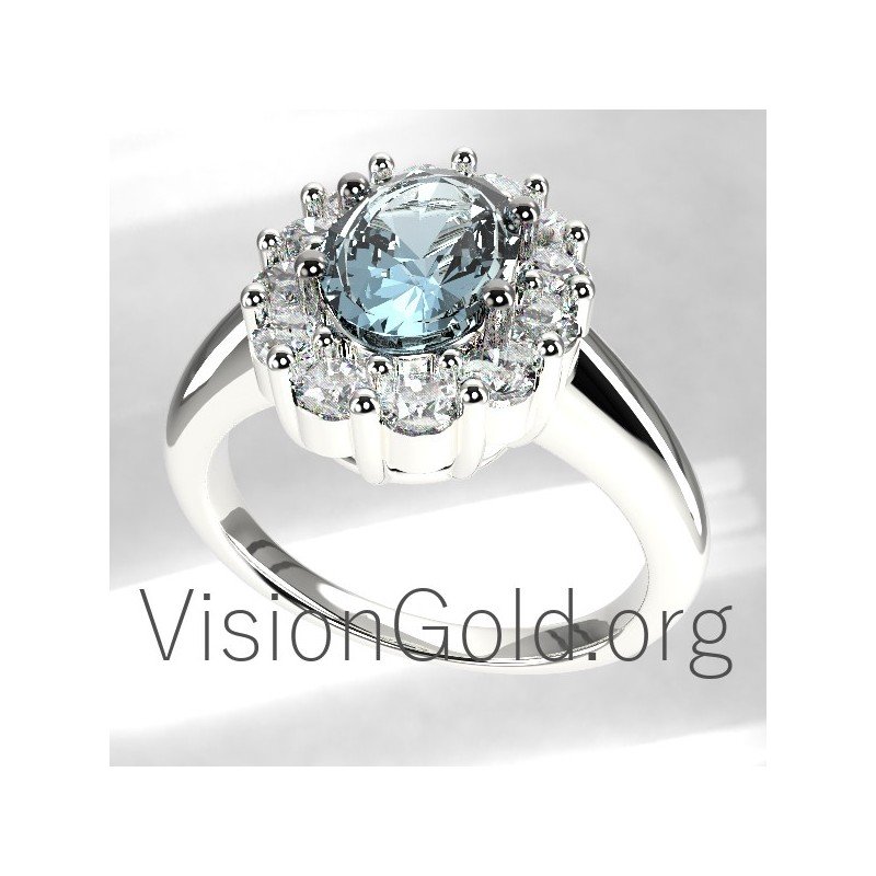 Classic Rosette Ring With Aquamarine and Diamonds 0658