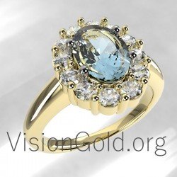 Classic Rosette Ring With Aquamarine and Diamonds 0658