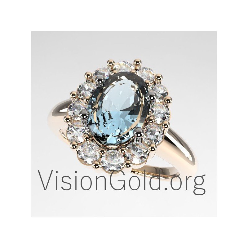 Classic Rosette Ring With Aquamarine and Diamonds 0658