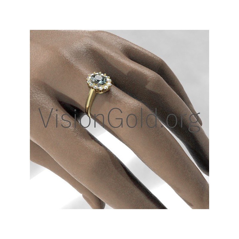 Classic Rosette Ring With Aquamarine and Diamonds 0658