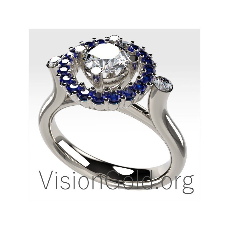 Кольцо для свадебного предложения с одним камнем с бриллиантами и сапфирами 0031