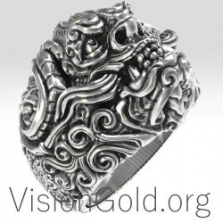 Кольцо ручной работы Готическое кольцо с черепом для мужчин в цветочном стиле 0164