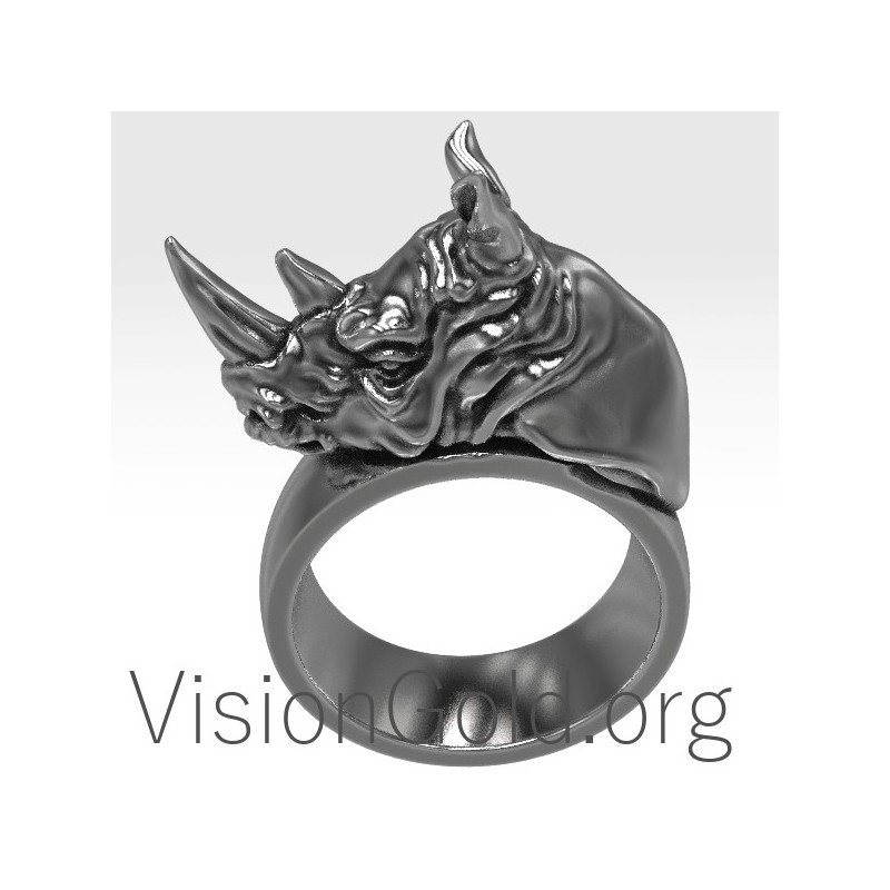 Серебряное кольцо с носорогом, Мужское кольцо с носорогом
