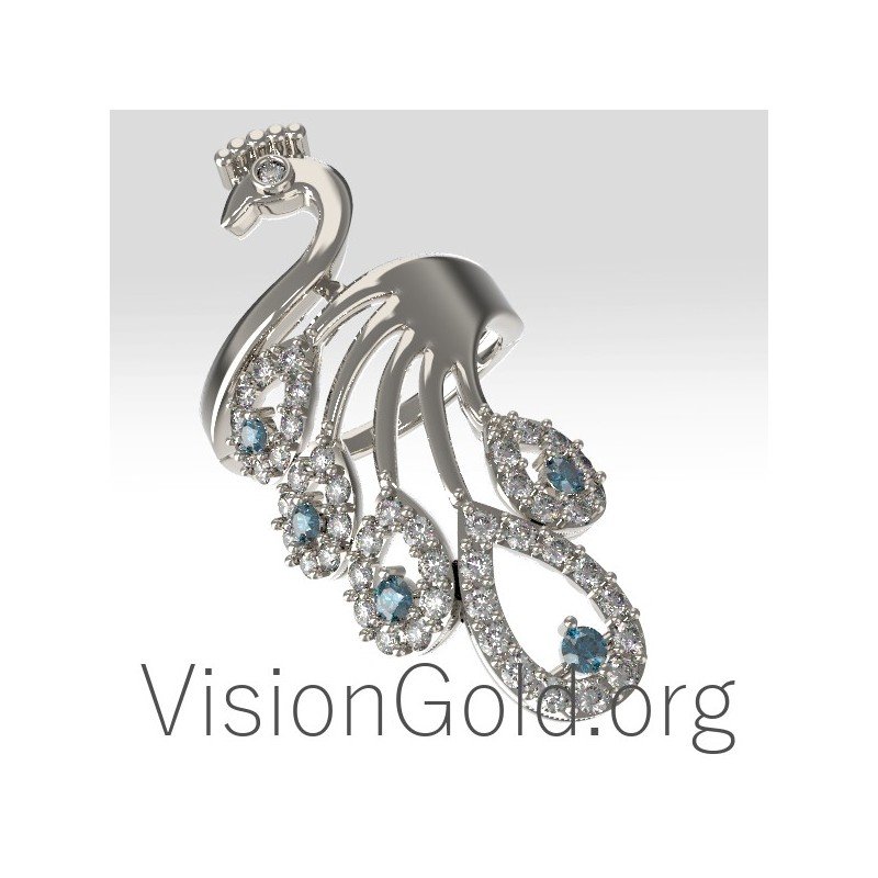 Женское кольцо с павлином и цирконами в золоте и серебре 0698