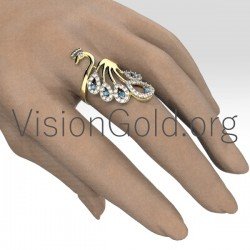 Anillo De Mujer Pavo Real Con Circonitas En Oro Y Plata 0698