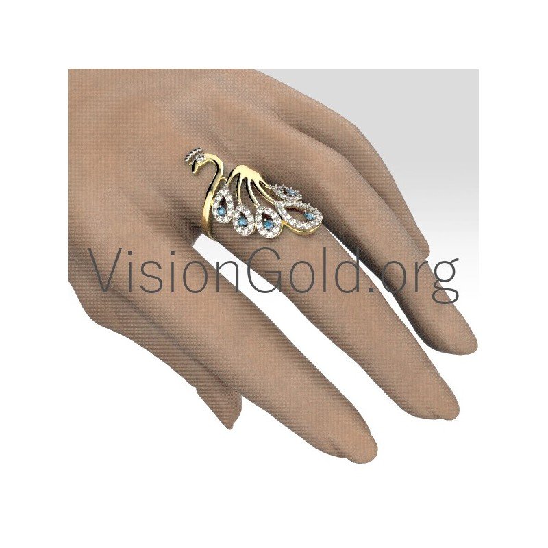 Женское кольцо с павлином и цирконами в золоте и серебре 0698
