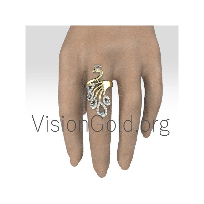 Anillo De Mujer Pavo Real Con Circonitas En Oro Y Plata 0698