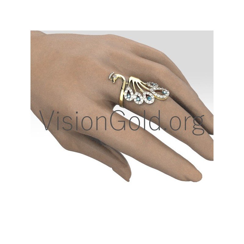 Anillo De Mujer Pavo Real Con Circonitas En Oro Y Plata 0698