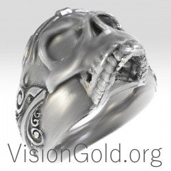 Χειροποιητο Ανδρικο Δαχτυλιδι Νεκροκεφαλη Με Σκαλισματα 0178