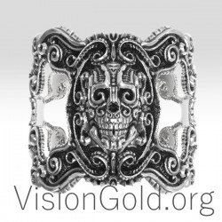 Φανταστικο Vintage Ασημενιο Ανδρικο Δαχτυλιδι Στυλ Αντικα Με Νεκροκεφαλη 0190