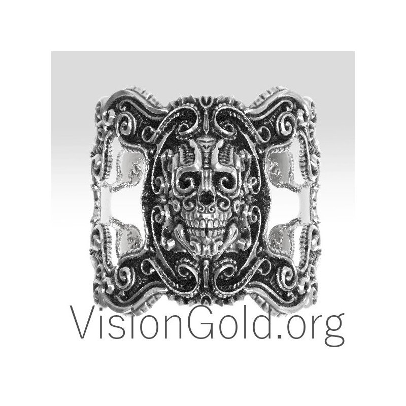 Φανταστικο Vintage Ασημενιο Ανδρικο Δαχτυλιδι Στυλ Αντικα Με Νεκροκεφαλη 0190