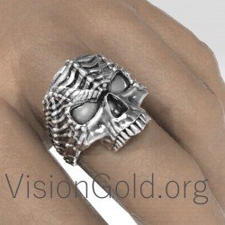 Anillo de hombre de plata de ley 925 hecho a mano con calavera 0192