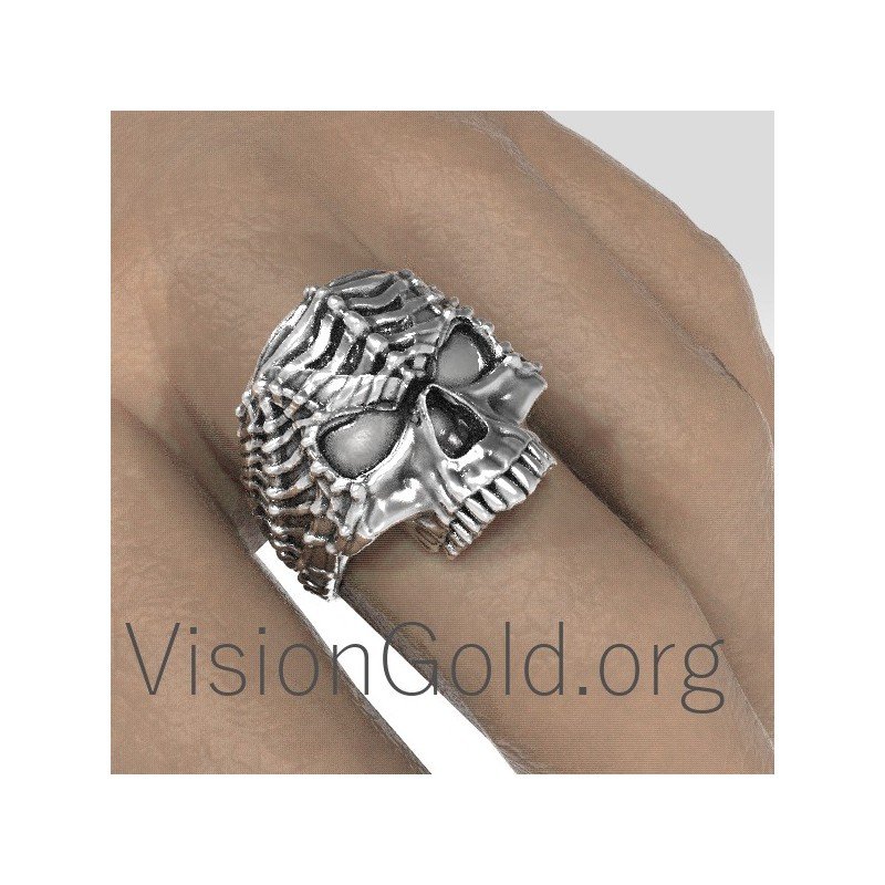 Anillo de hombre de plata de ley 925 hecho a mano con calavera 0192