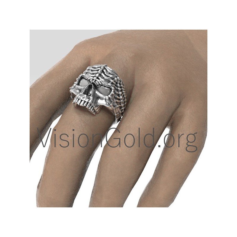 Anillo de hombre de plata de ley 925 hecho a mano con calavera 0192