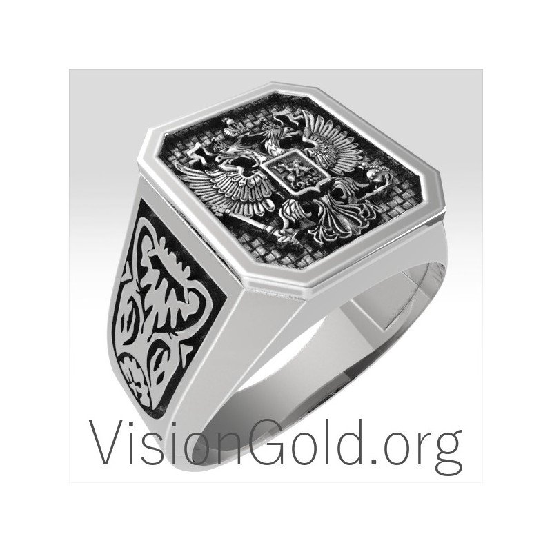 Cool Silver Men's Signet Ring With Double Eagle  And St George 0199