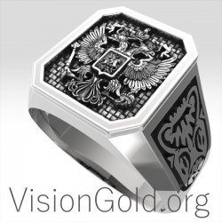 Cool Silver Men's Signet Ring With Double Eagle  And St George 0199