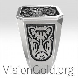 Cool Silver Men's Signet Ring With Double Eagle  And St George 0199