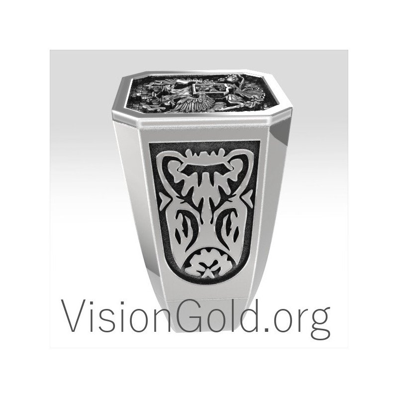 Cool Silver Men's Signet Ring With Double Eagle  And St George 0199
