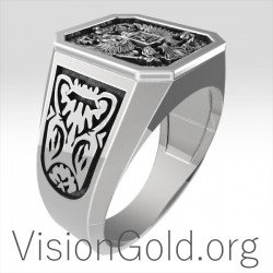 Cool Silver Men's Signet Ring With Double Eagle  And St George 0199