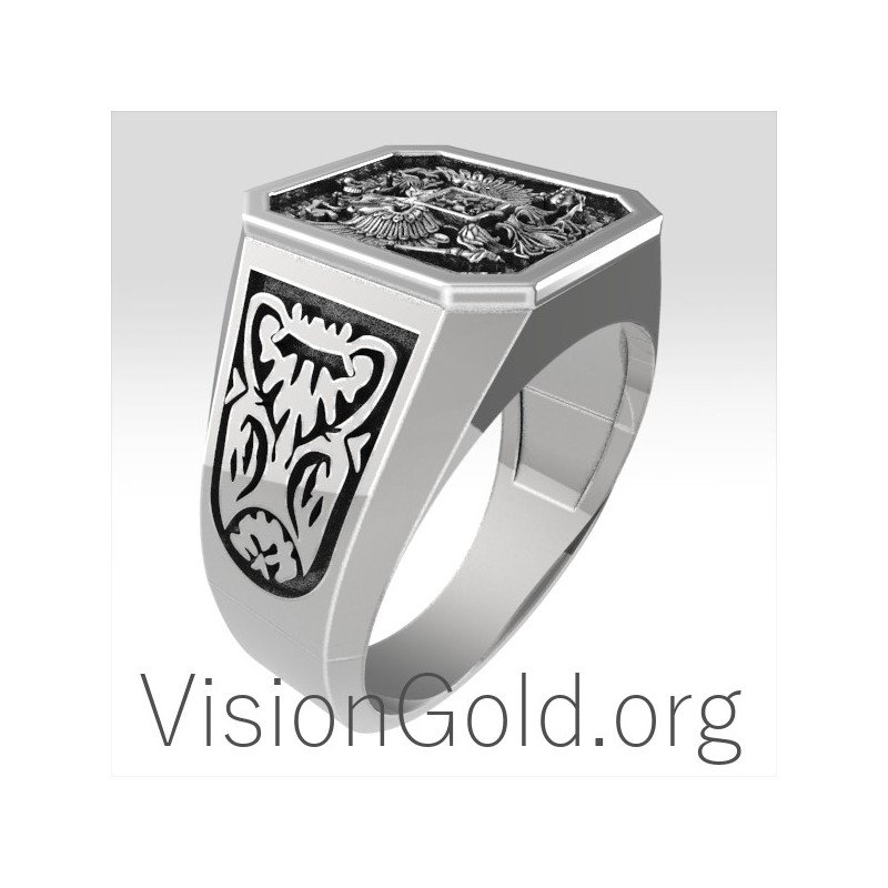 Cool Silver Men's Signet Ring With Double Eagle  And St George 0199