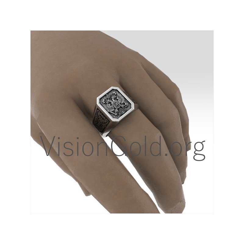 Cool Silver Men's Signet Ring With Double Eagle  And St George 0199