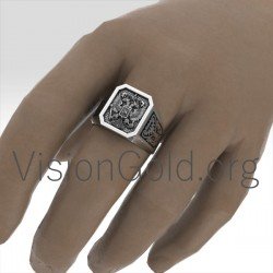 Cool Silver Men's Signet Ring With Double Eagle  And St George 0199