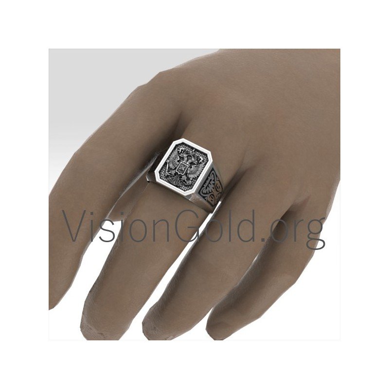 Cool Silver Men's Signet Ring With Double Eagle  And St George 0199