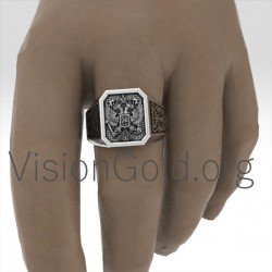 Cool Silver Men's Signet Ring With Double Eagle  And St George 0199