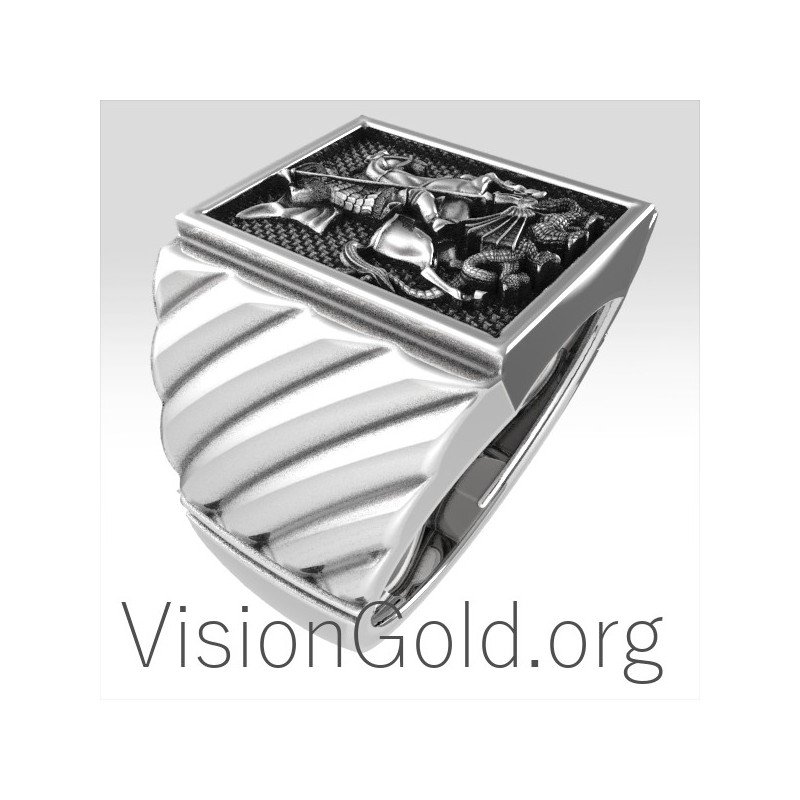 Sterling Silver Christian Mens Religious Catholic Orthodox Signet 925 Ring Saint George Dragon Slayer Protector 0201