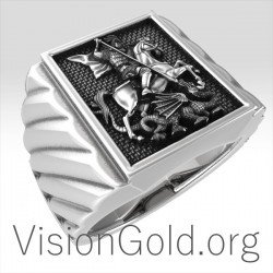 Anillo de hombre cuadrado de plata hecho a mano con San Jorge y dragón 0201